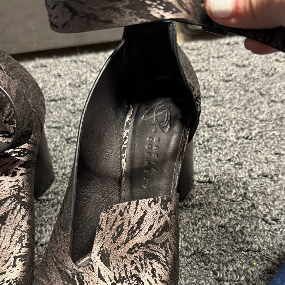 Zero + Maria Cornejo Black and Metallic Taupe Patterned Wedge Sandals